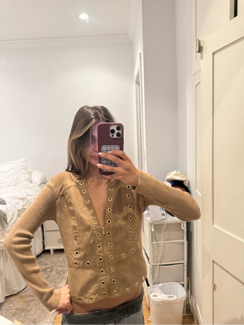 Cache Tan Suede-Look Eyelet Front Jacket